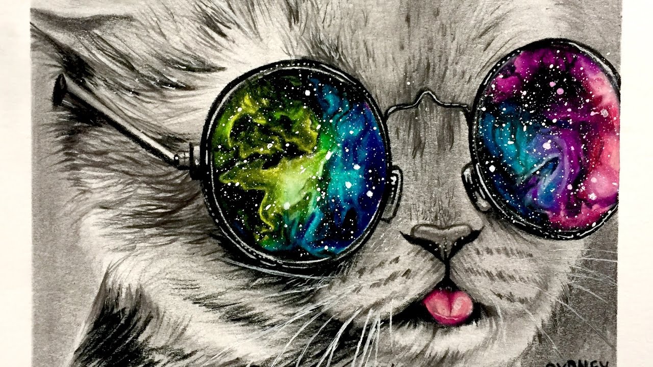 1280x720 Time Lapse Drawing Galaxy Glasses Kitten - Cat With Glasses Drawing