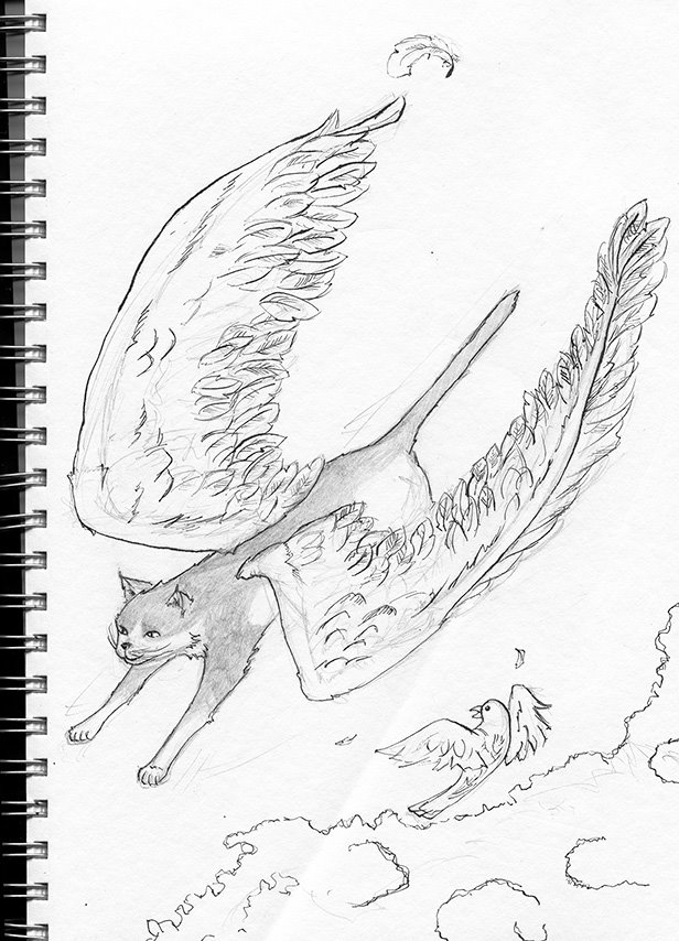 616x854 Scribbledump Sketch Flying Kitty - Cat With Wings Drawing