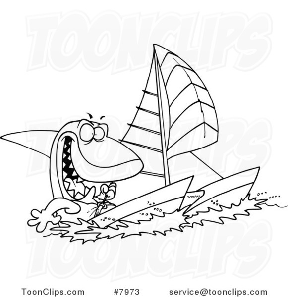 581x600 Cartoon Black And White Line Drawing Of A Shark Sailing - Catamaran Drawing