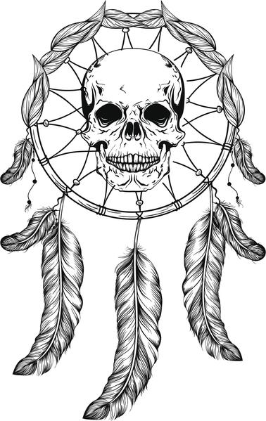378x599 creepy skull in feather dream catcher drawing vinyl decal sticker - Catcher Drawing