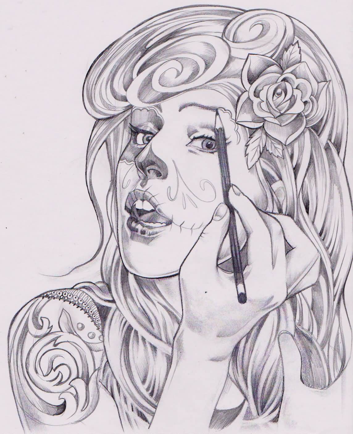 1144x1406 cute catrina drawing herself tattoo sketch - Catrina Drawing