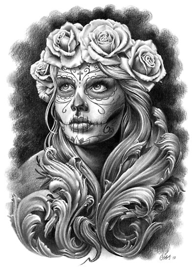 394x550 Black And Grey Catrina With A Crown Of Roses Posters - Catrina Drawing