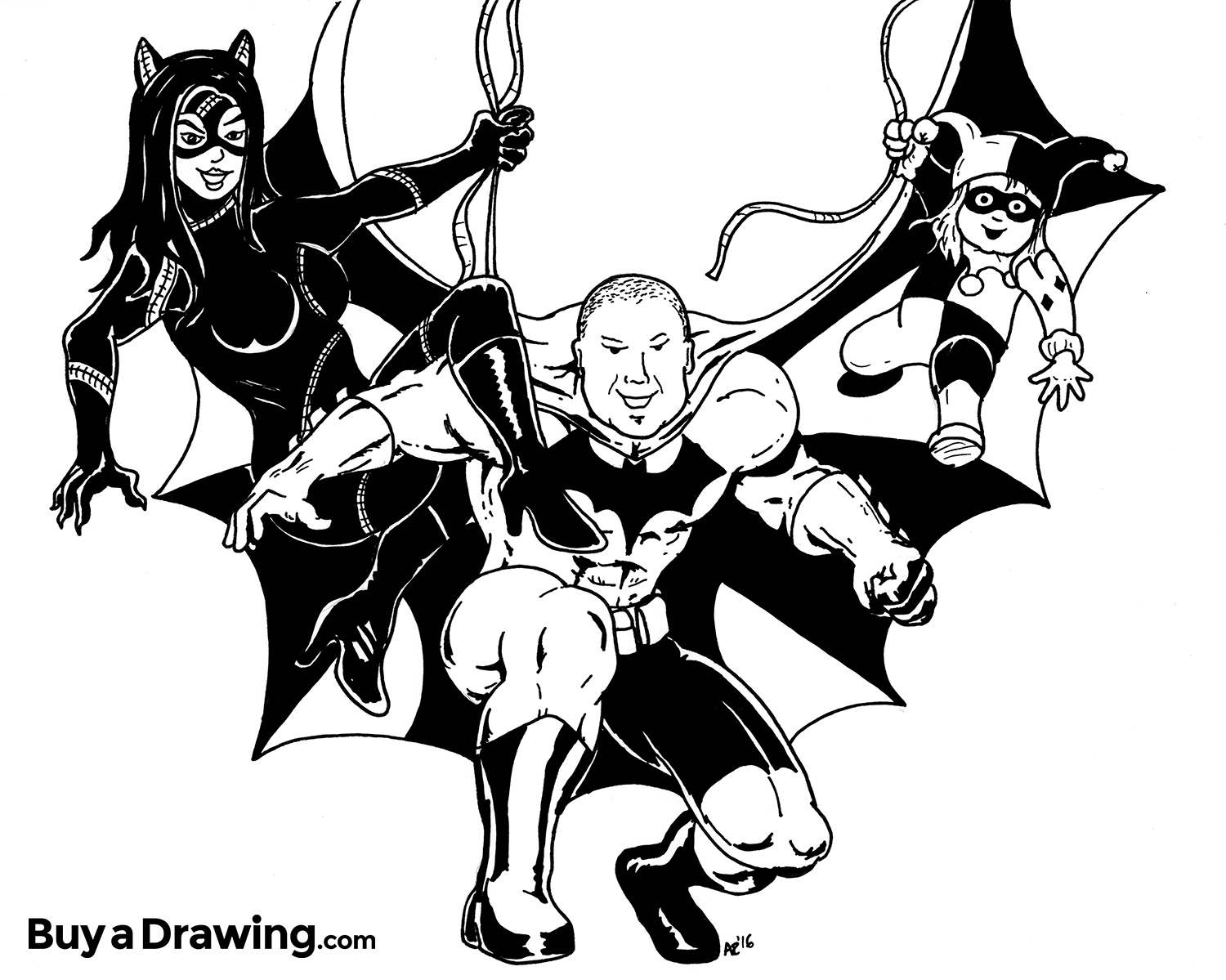 1500x1199 cartoon of a family as batman, catwoman and harley quinn - Catwoman Cartoon Drawing