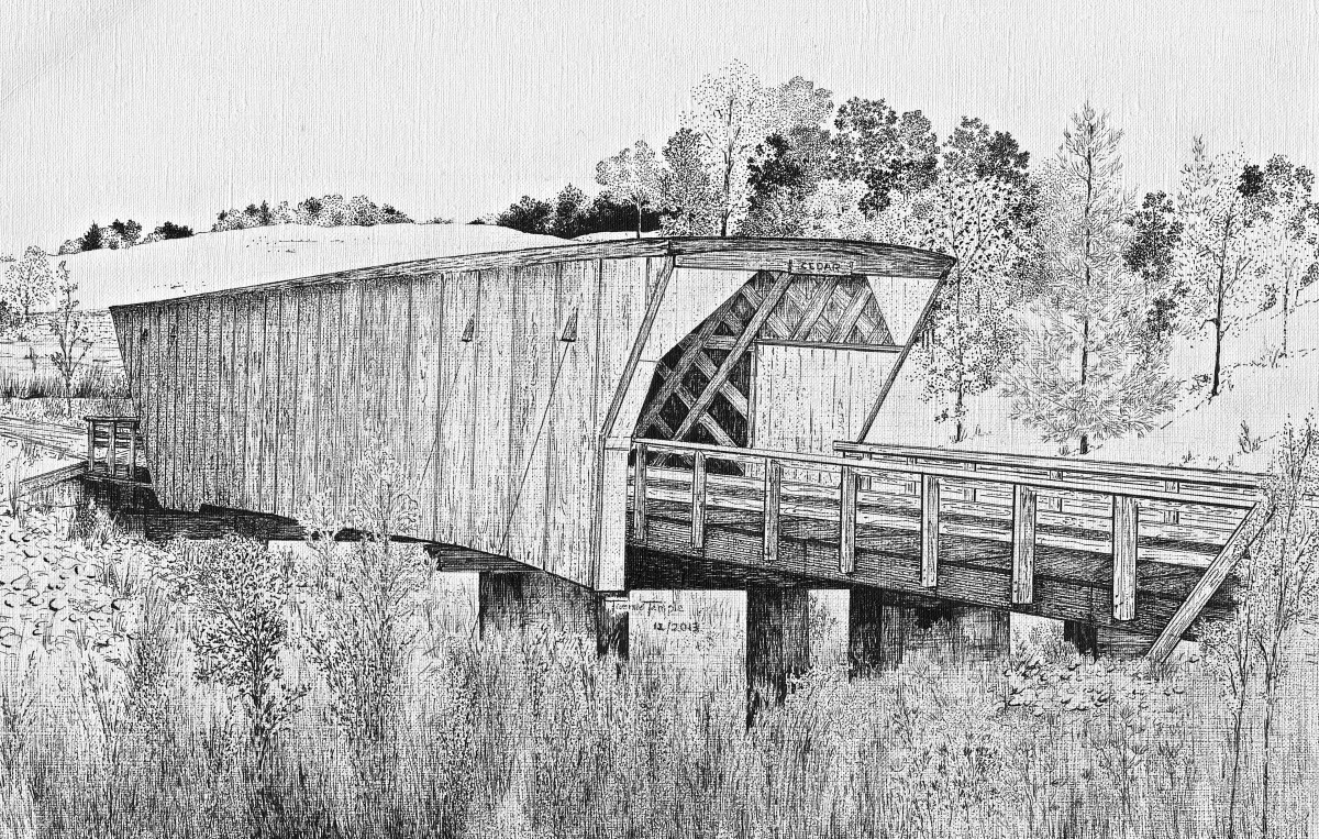 1200x763 Landscape Ink Drawings Cedar Covered Bridge - Cedar Drawings