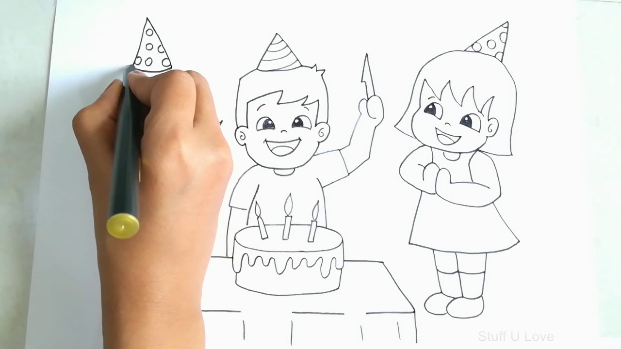 1280x720 How To Draw Kids Celebrating Birthday Party Easy Drawing Tutorial - Celebration Drawing