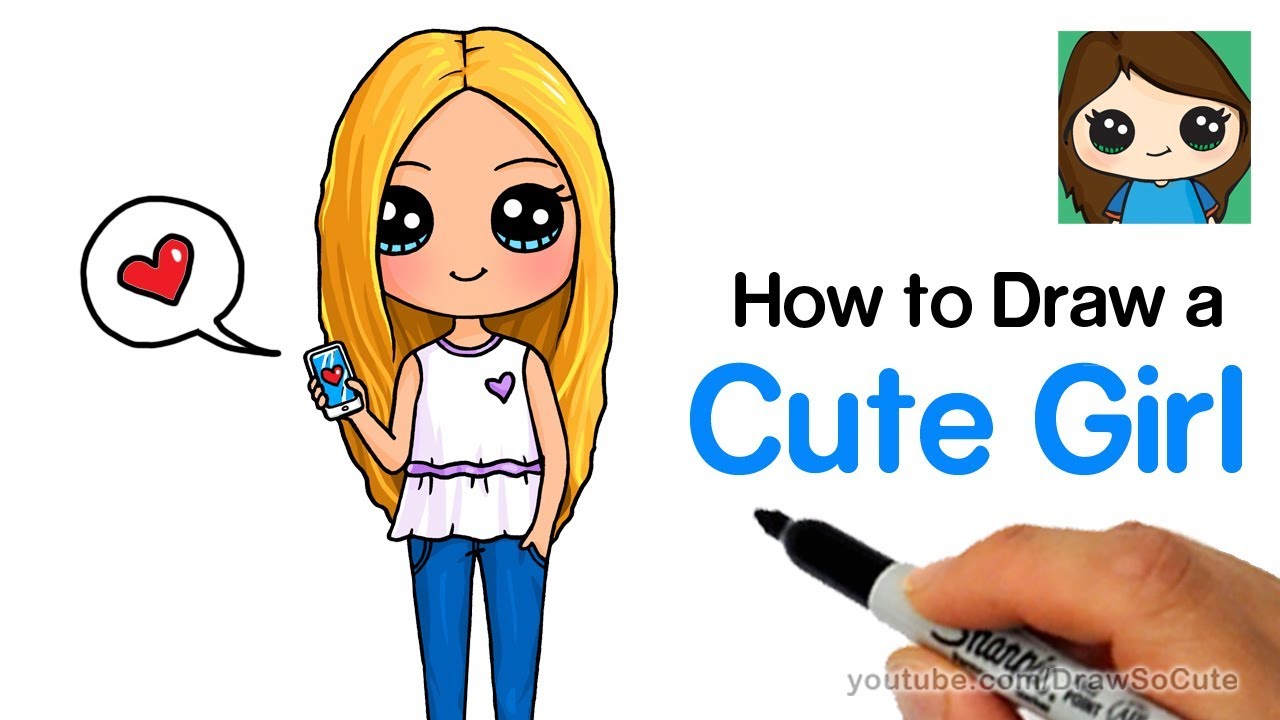 1280x720 how to draw a cute girl holding a cell phone easy - Cell Cartoon Drawing