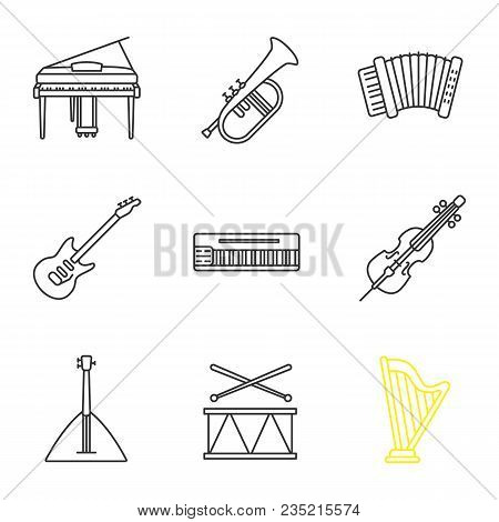 450x470 musical instruments linear icons set piano, flugelhorn - Cello Drawing Outline