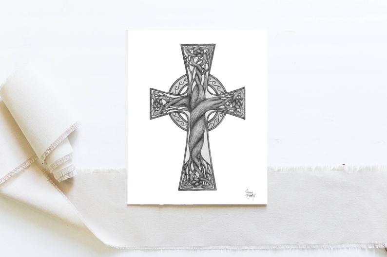 794x529 Celtic Cross Pencil Drawing Print Christian Faith Irish Etsy - Celtic Cross Drawing