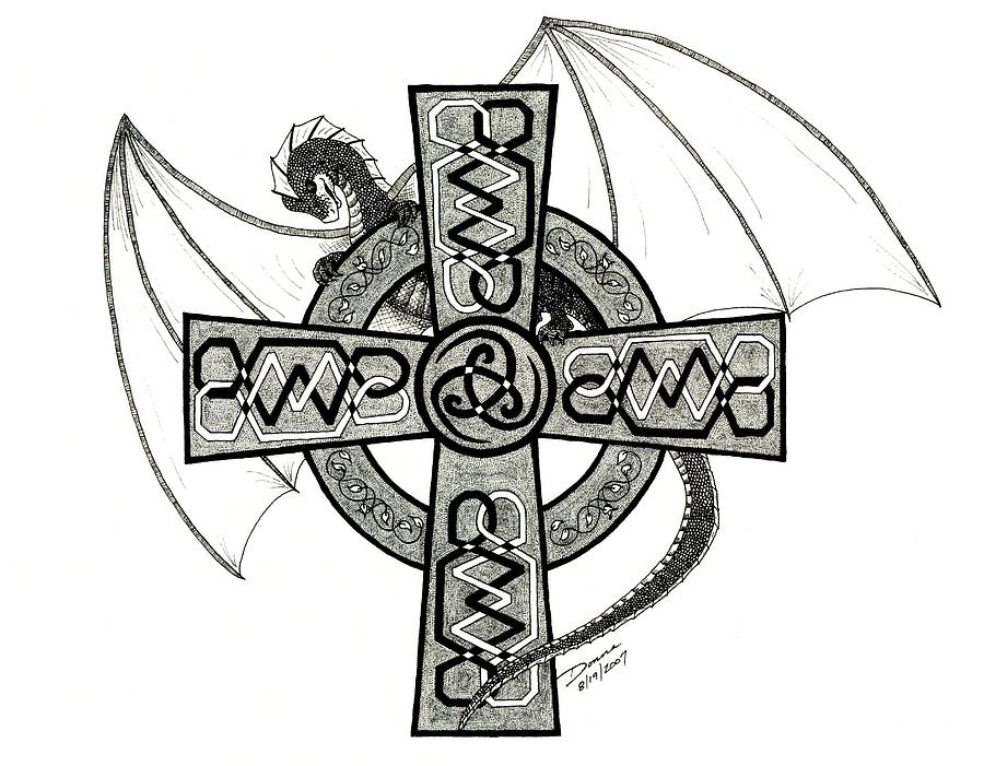 900x701 Dragon And Celtic Cross Drawing - Celtic Cross Drawing