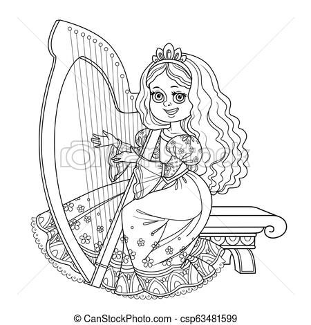 450x470 beautiful princess playing the celtic harp outlined picture - Celtic Harp Drawing
