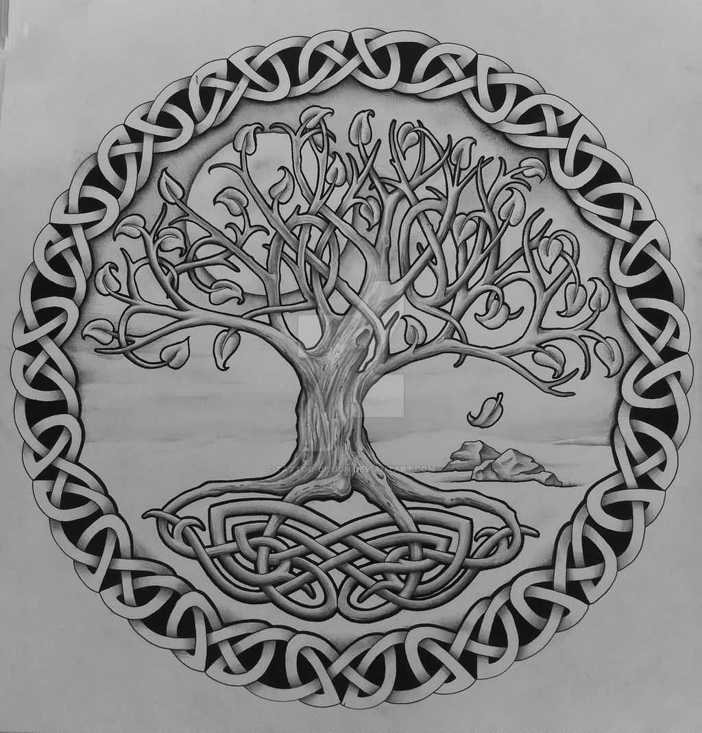 1024x1069 Grey Celtic Tree Of Life With Rocks Tattoo Design - Celtic Tree Of Life Drawing