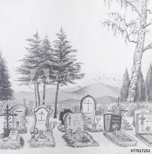 492x500 cemetery pencil drawing - Cemetery Drawing