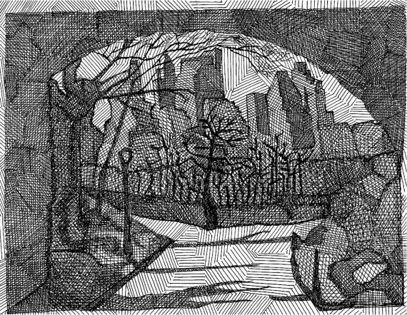 570x442 central park skyline through a tunnel limited edition - Central Park Drawing