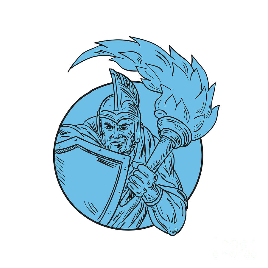 900x900 Centurion Soldier Torch Circle Drawing Digital Art - Centurion Drawing
