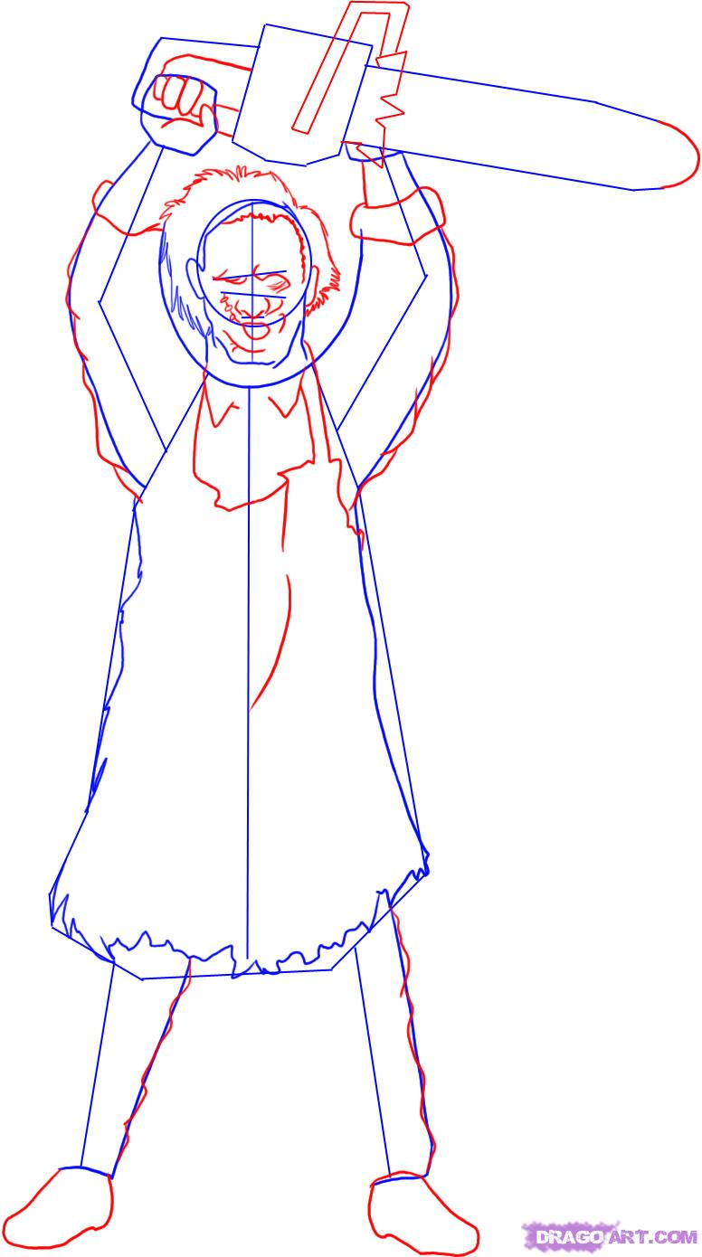 776x1390 Step How To Draw Leatherface From Texas Chainsaw Massacre - Chainsaw Drawing Outline