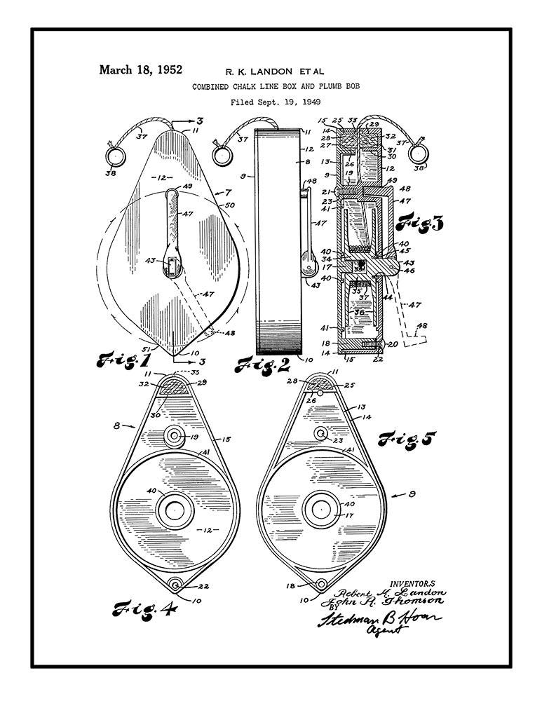 773x1000 Combined Chalk Line Box And Plumb Bob Patent Print - Chalk Line Drawing