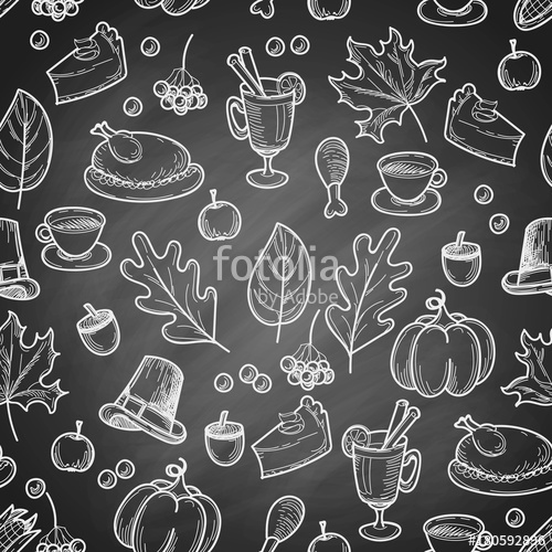 500x500 Thanksgiving Season Hand Drawn Doodle Repeated Pattern On Black - Chalkboard Turkey Drawing