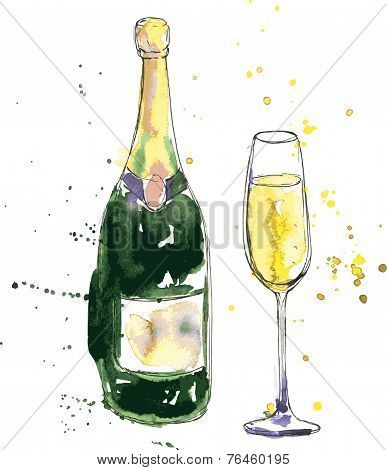 387x470 image of champagne bottle glass drawing watercolor ink hand art - Champagne Bottle Drawing