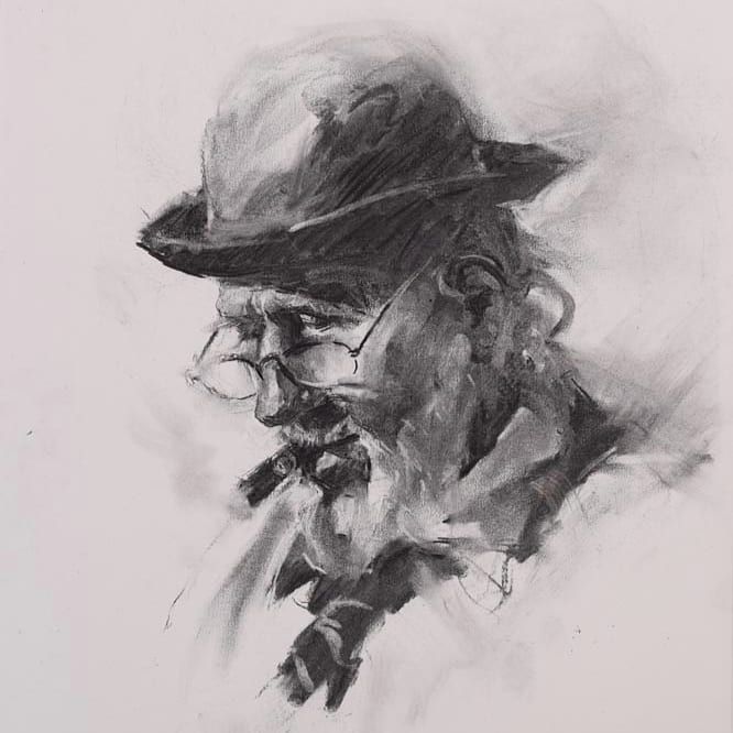 666x666 jj jiang old man with cigar charcoal drawing charcoal - Charcoal Drawing