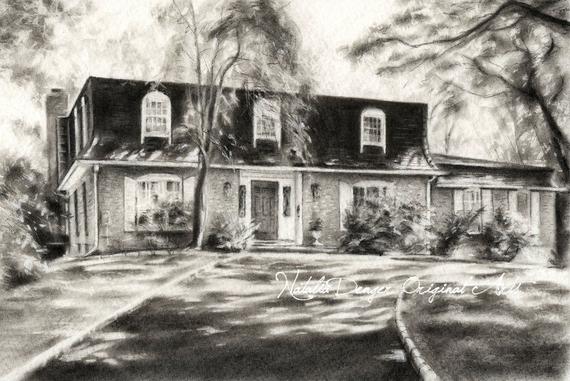 570x381 Custom House Drawing Charcoal Landscape Housewarming Etsy - Charcoal Drawing Landscape