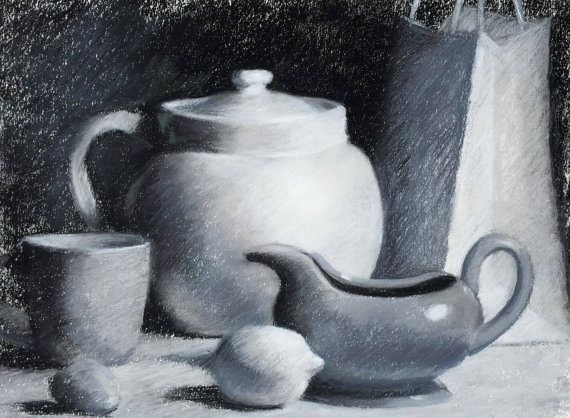 570x418 Original Charcoal Drawing Black And White X Still Life - Charcoal Still Life Drawing