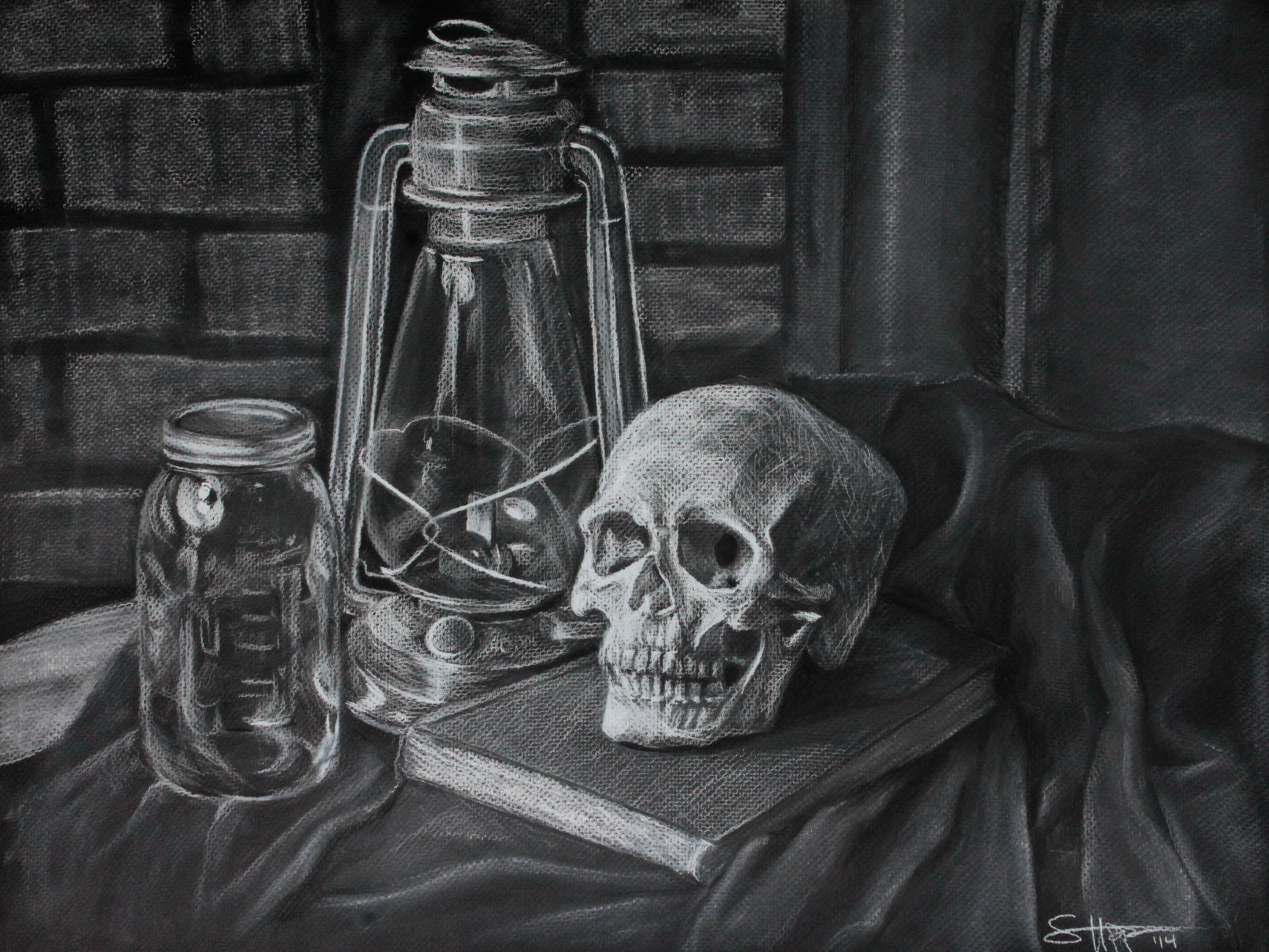 3000x2252 Skull Lamp Jar Original Charcoal Still Life Drawing Etsy - Charcoal Still Life Drawing