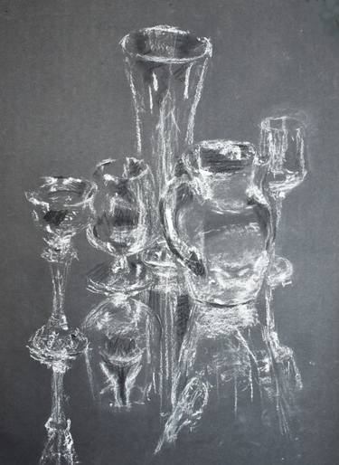 375x514 Still Life Of Glasses In White Charcoal On Black Paper Drawing - Charcoal Still Life Drawing