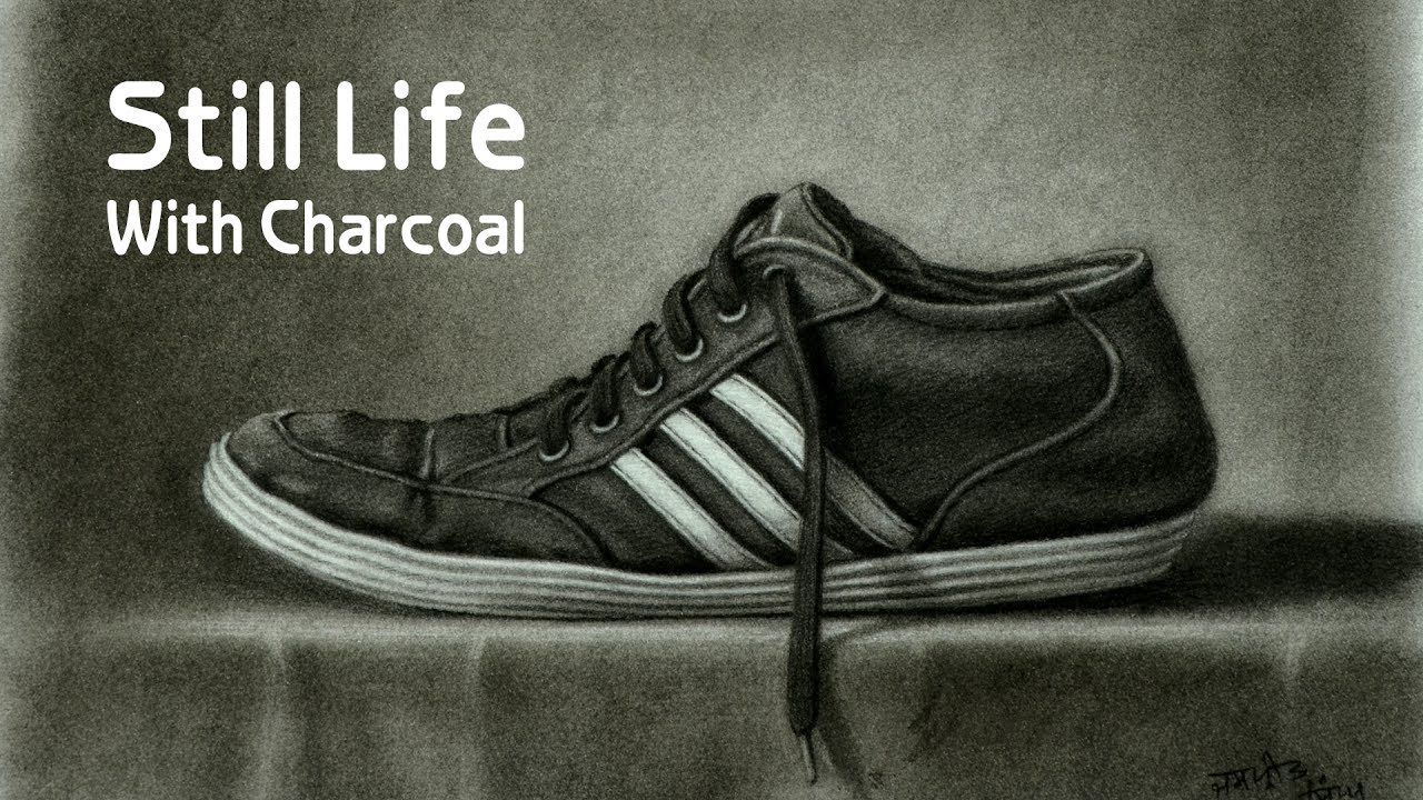 1280x720 adidas shoe ' still life drawing with charcoal demonstration - Charcoal Still Life Drawing