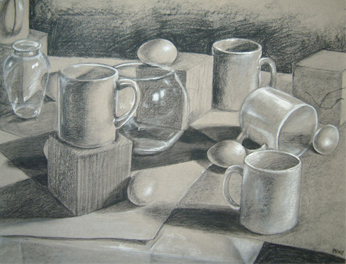 500x381 Charcoal Drawing Of White Still Life Objects - Charcoal Still Life Drawing