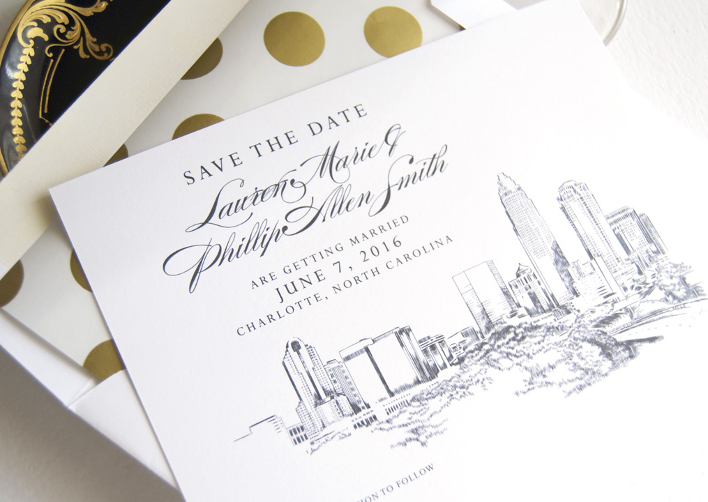 1015x720 Charlotte Skyline Hand Drawn Save The Date Cards - Charlotte Skyline Drawing