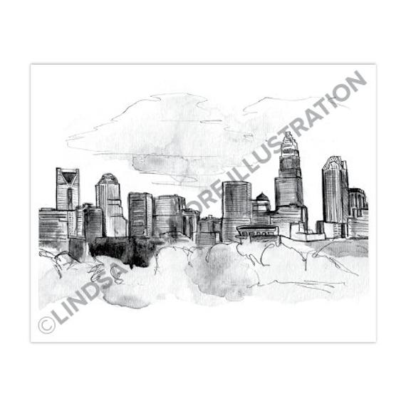 570x570 Charlotte Skyline Print Etsy - Charlotte Skyline Drawing