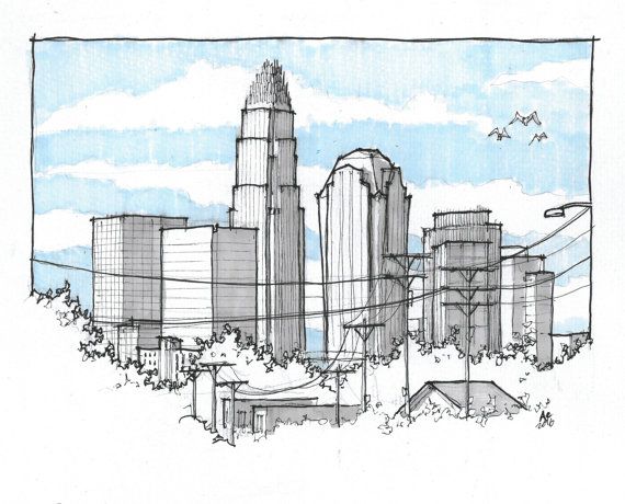 570x460 Items Similar To Original Drawing - Charlotte Skyline Drawing