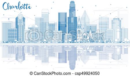 450x265 outline charlotte skyline with blue buildings and reflections - Charlotte Skyline Drawing