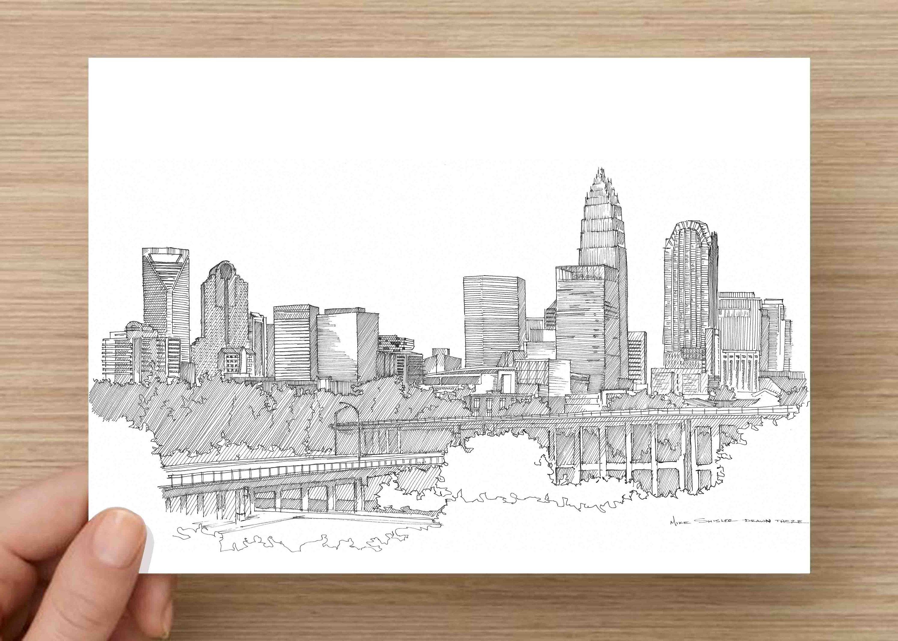 3000x2143 Pen And Ink Drawing Of Charlotte North Carolina Skyline - Charlotte Skyline Drawing