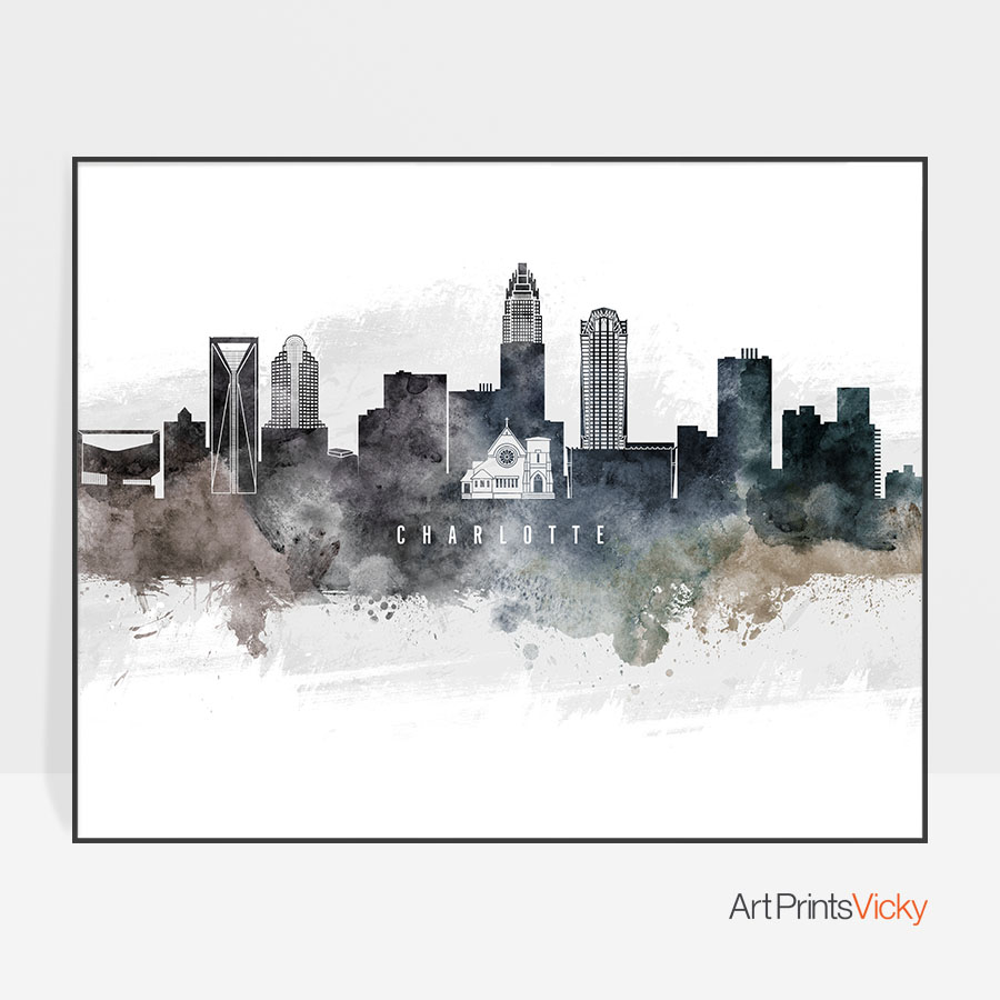 900x900 charlotte art poster watercolor art prints vicky - Charlotte Skyline Drawing