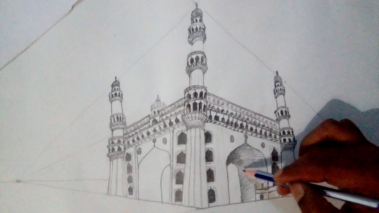 1280x720 Two Point Perspective Drawing How To Draw Carminar Aio Shiva - Charminar Drawing
