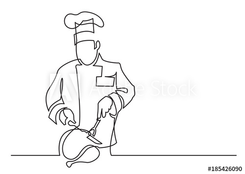 500x354 continuous line drawing of chef cutting turkey - Chef Drawing
