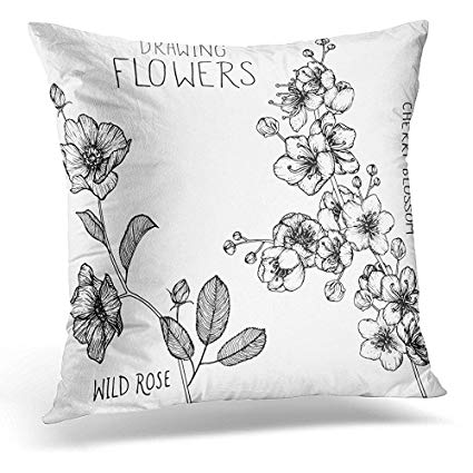 425x425 Decorative Pillow Cover White Outline Drawing Flowers - Cherry Blossom Drawing Outline
