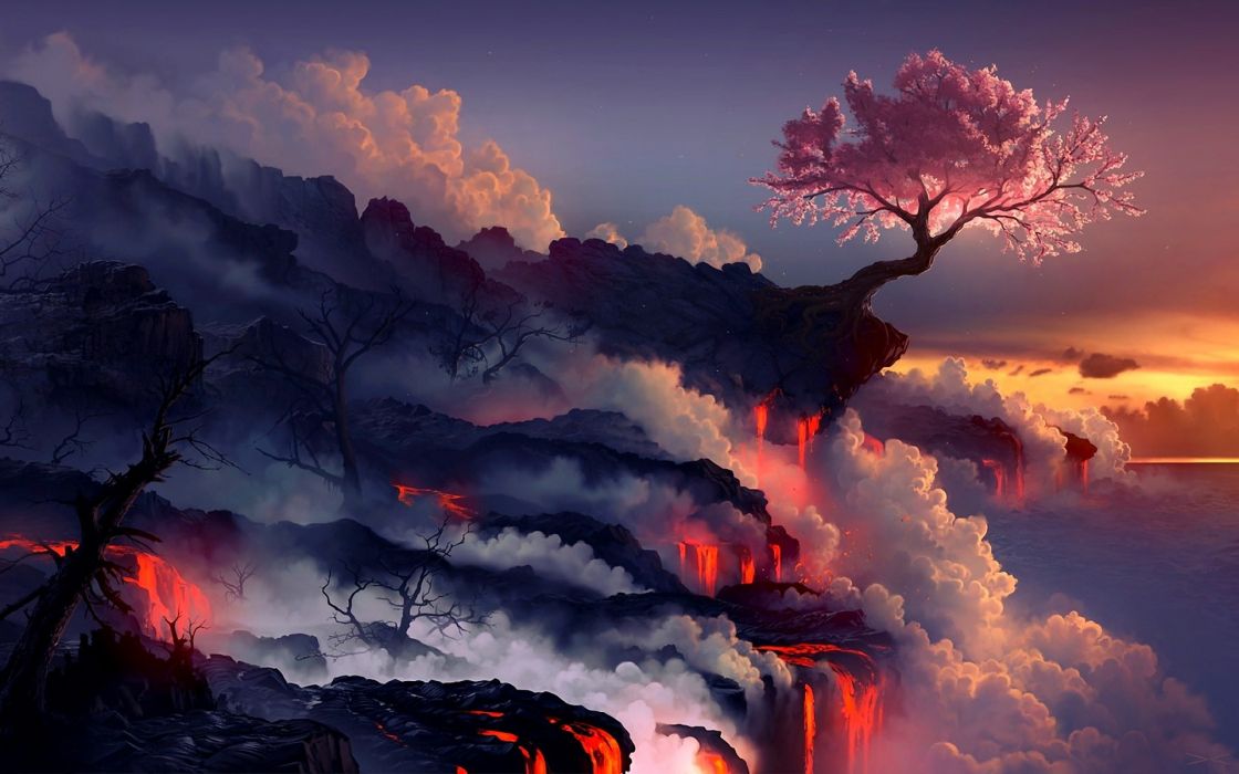 1120x700 landscapes cherry blossoms trees sea lava smoke rocks artwork - Cherry Blossom Tree Drawing