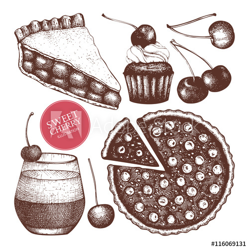 500x500 Vector Set Of Ink Hand Drawn Berry Desserts Illustration Vintage - Cherry Pie Drawing