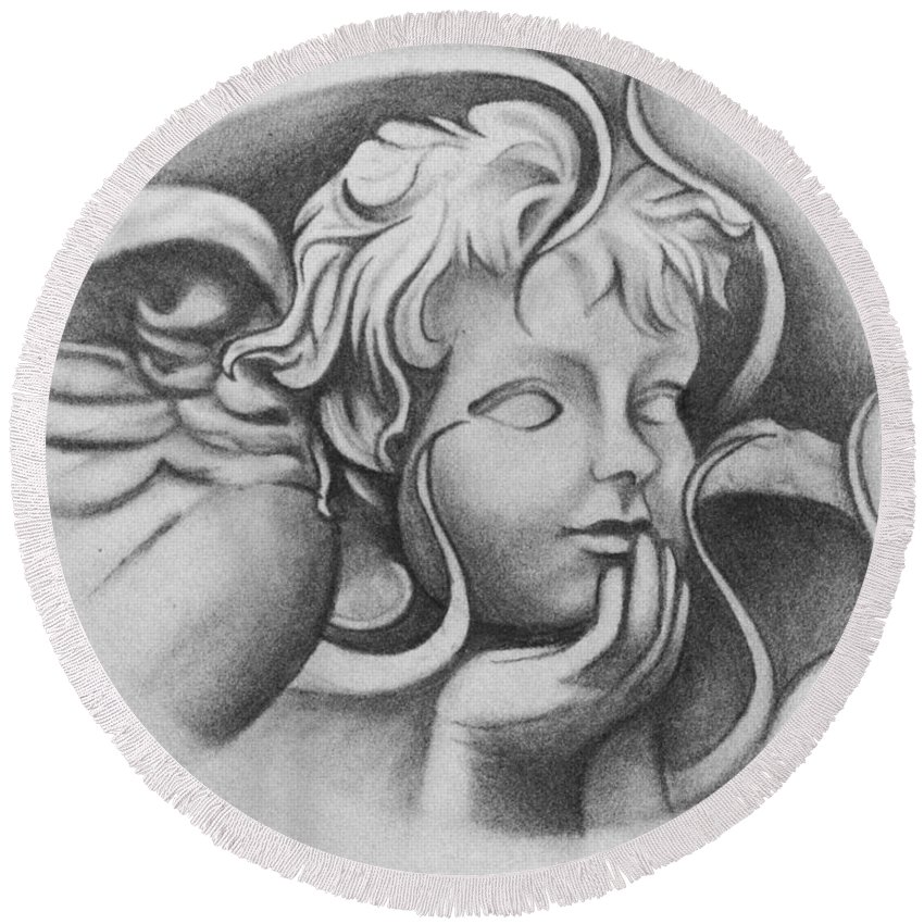 850x850 Stone Cherub Angel Round Beach Towel For Sale - Cherub Angel Drawing