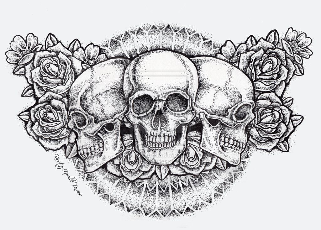 1024x734 Dot Skull And Roses Chest Piece Tattoo - Chest Tattoo Drawings