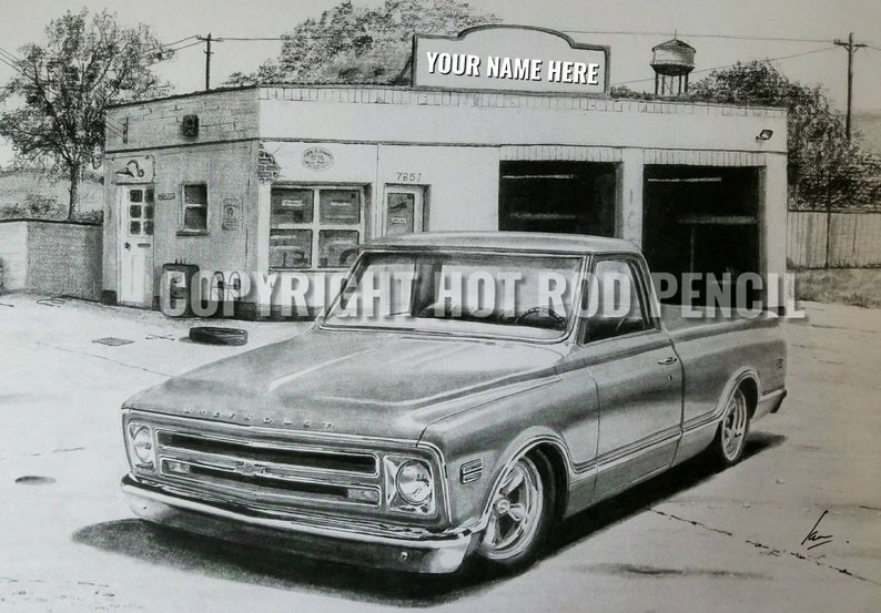 794x553 Chevy Pick Up Truck Garage Art Personalized Pencil Etsy - Chevy C10 Drawing