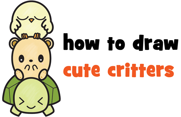 600x388 Learn How To Draw Cute Cartoon Turtle, Hamster, Bird - Chibi Turtle Drawing