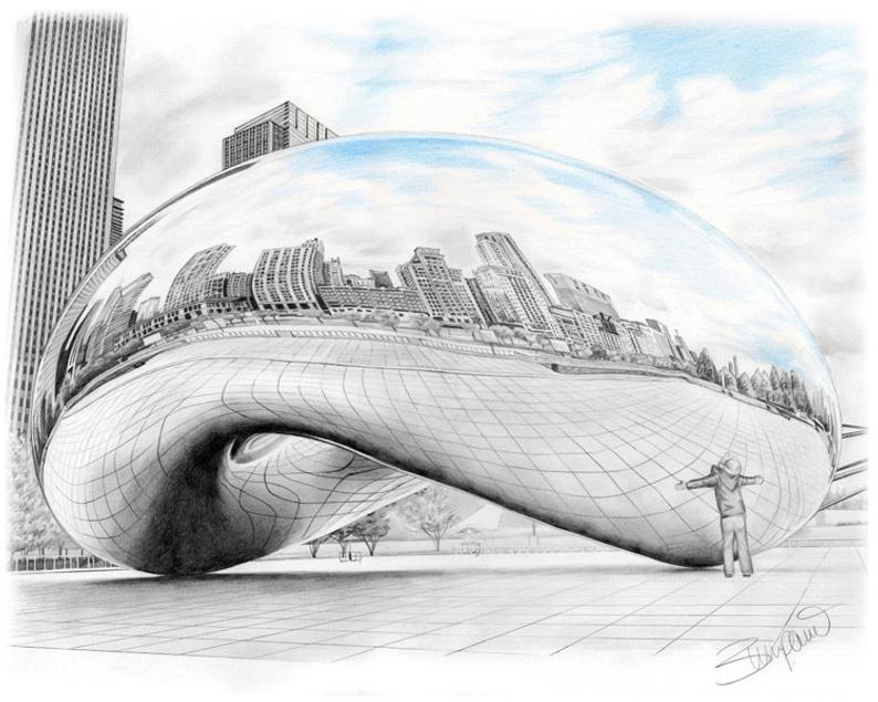 794x635 chicago bean sculpture millenium park cloudgate pencil drawing etsy - Chicago Bean Drawing