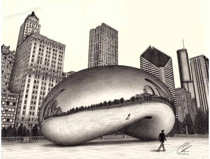 794x604 the bean cloud gate drawing inch print direct from etsy - Chicago Bean Drawing