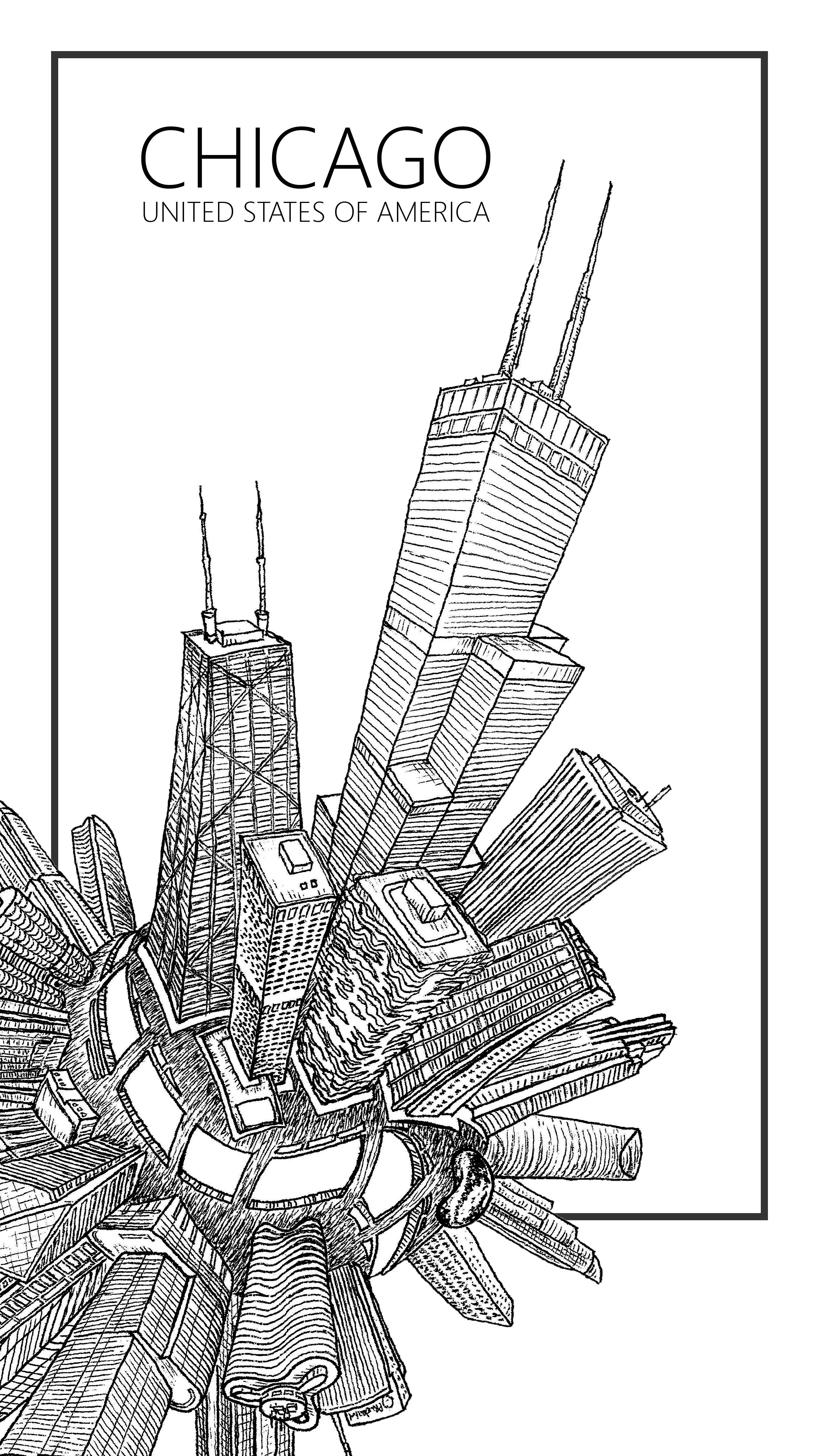 2870x5101 chicago city prints, hand drawn art city globe for prints - Chicago City Drawing