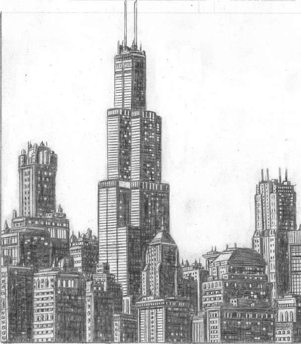 608x696 john chicago skyline sears tower drawing skylines, cityscapes - Chicago City Drawing