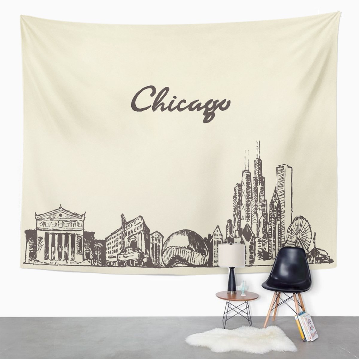 1200x1200 tompop tapestry drawing chicago skyline vintage - Chicago City Drawing