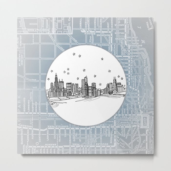 700x700 Chicago, Illinois City Skyline Illustration Drawing Metal Print - Chicago City Drawing